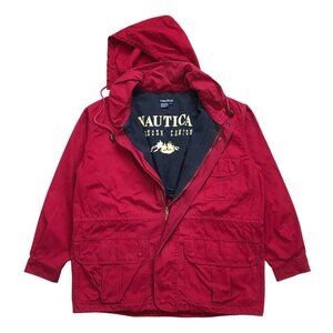 VINTAGE NAUTICA CANVAS JACKET HOODIE LARGE L MENS RED CHORE BARN PARKA FULL ZIP